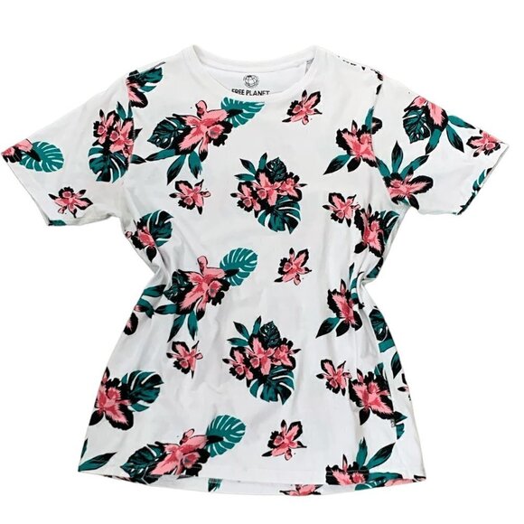 Free Planet Organic Cotton Floral T-Shirt Sz M White Pink Teal #104J - Picture 2 of 9